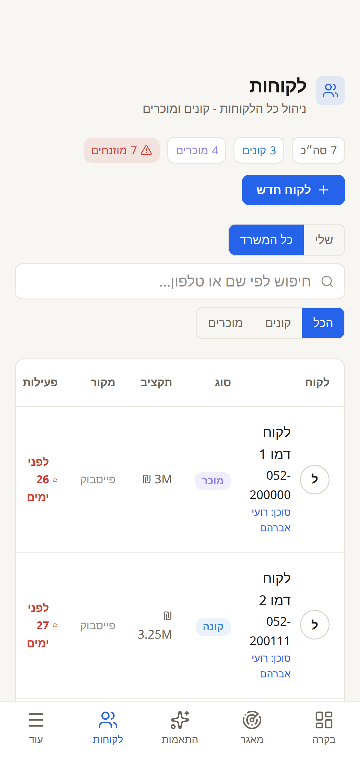 ניהול הלקוחות בנייד - קונים ומוכרים עם תקציב, מקור ופעילות אחרונה