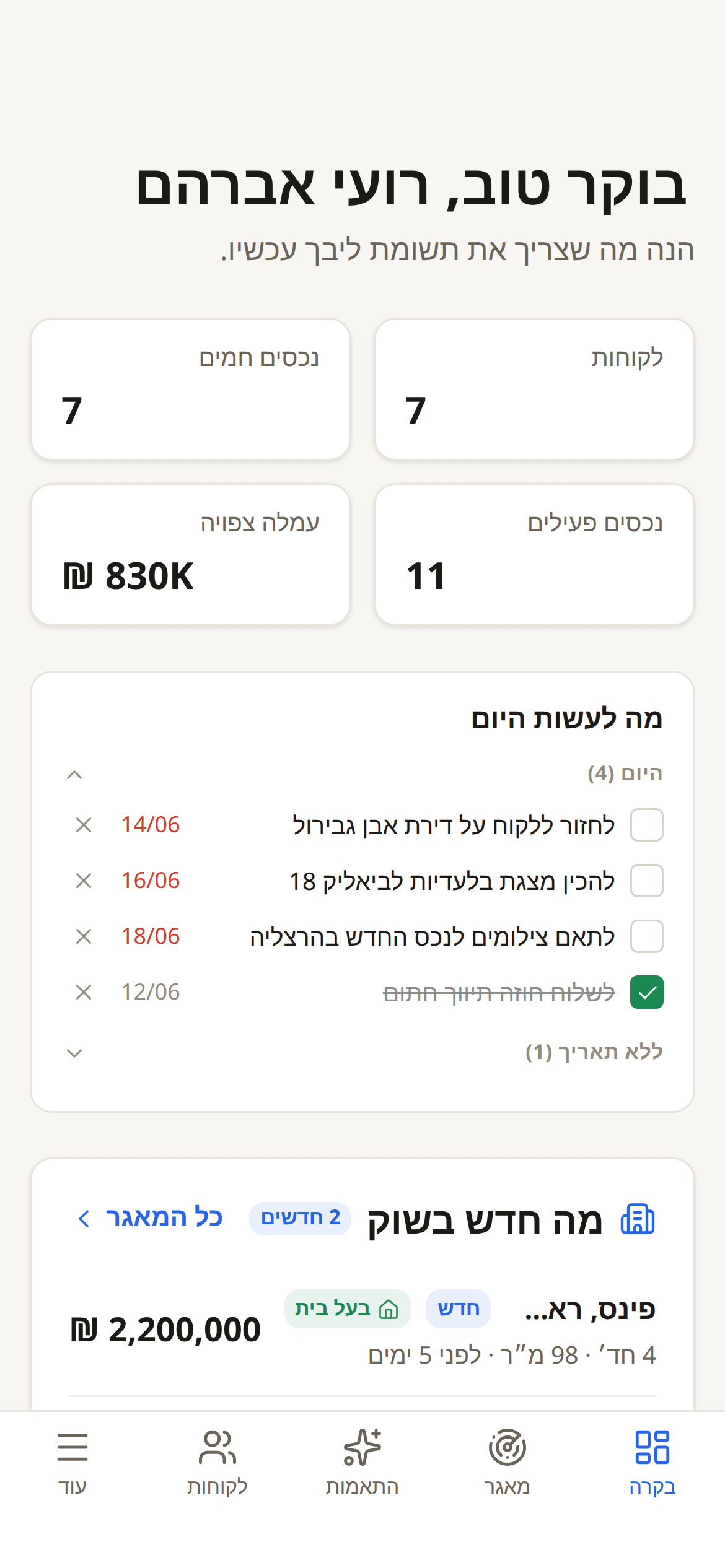 לוח הבקרה של Nexus בנייד - עמלה צפויה, נכסים חמים ומשימות היום
