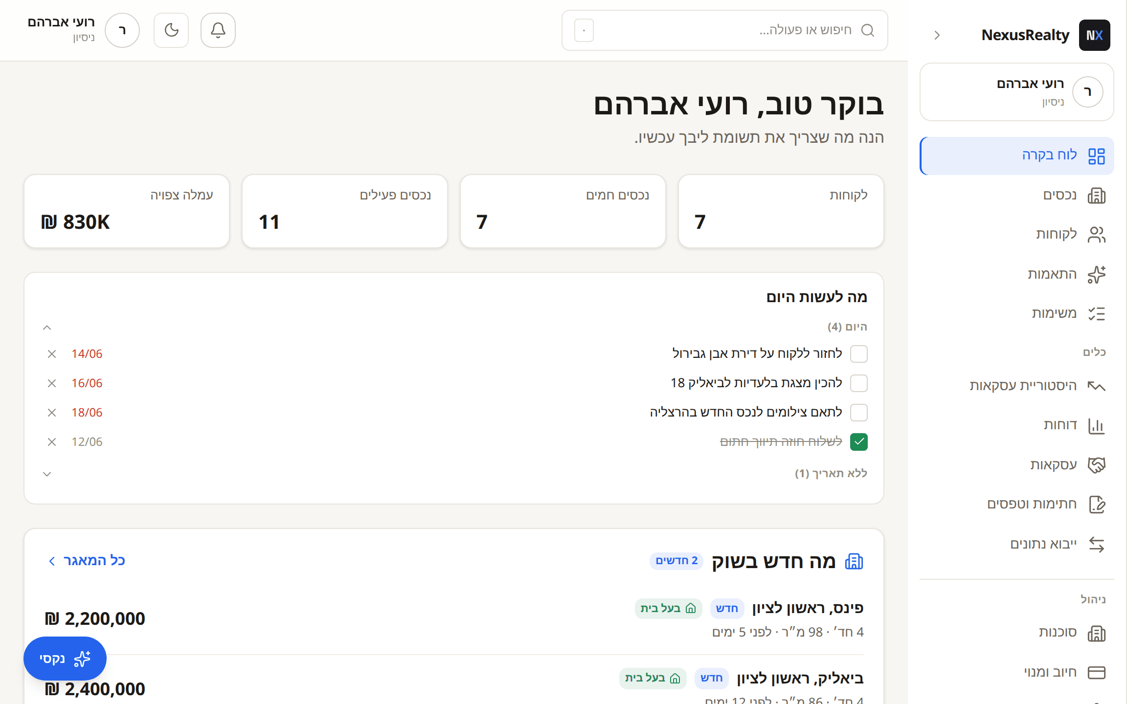 לוח הבקרה של Nexus - עמלה צפויה, לידים חמים, משימות היום והנכסים החדשים בשוק